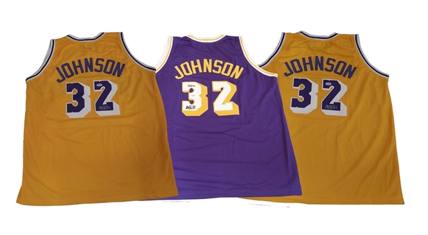 Lot of (3) Magic Johnson Signed Los Angeles Lakers Custom Jerseys (PSA/DNA)